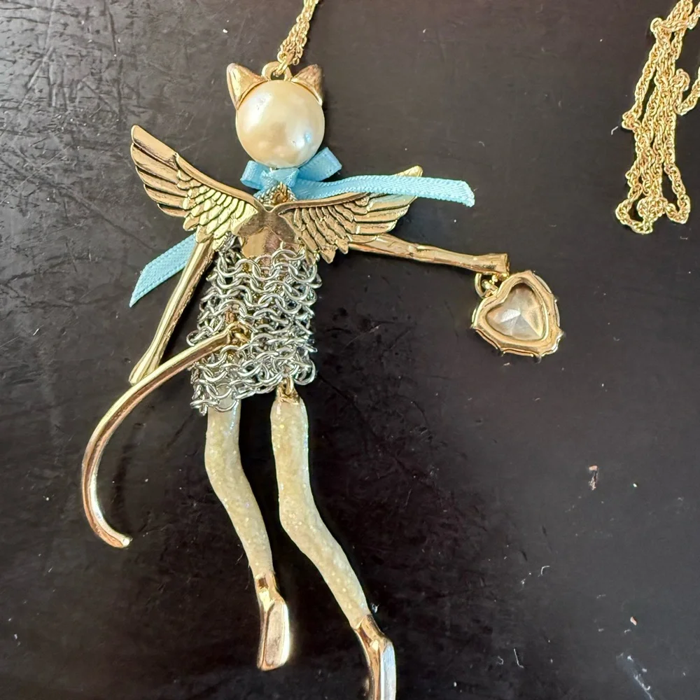 Gold Cat Necklace with Blue Accents